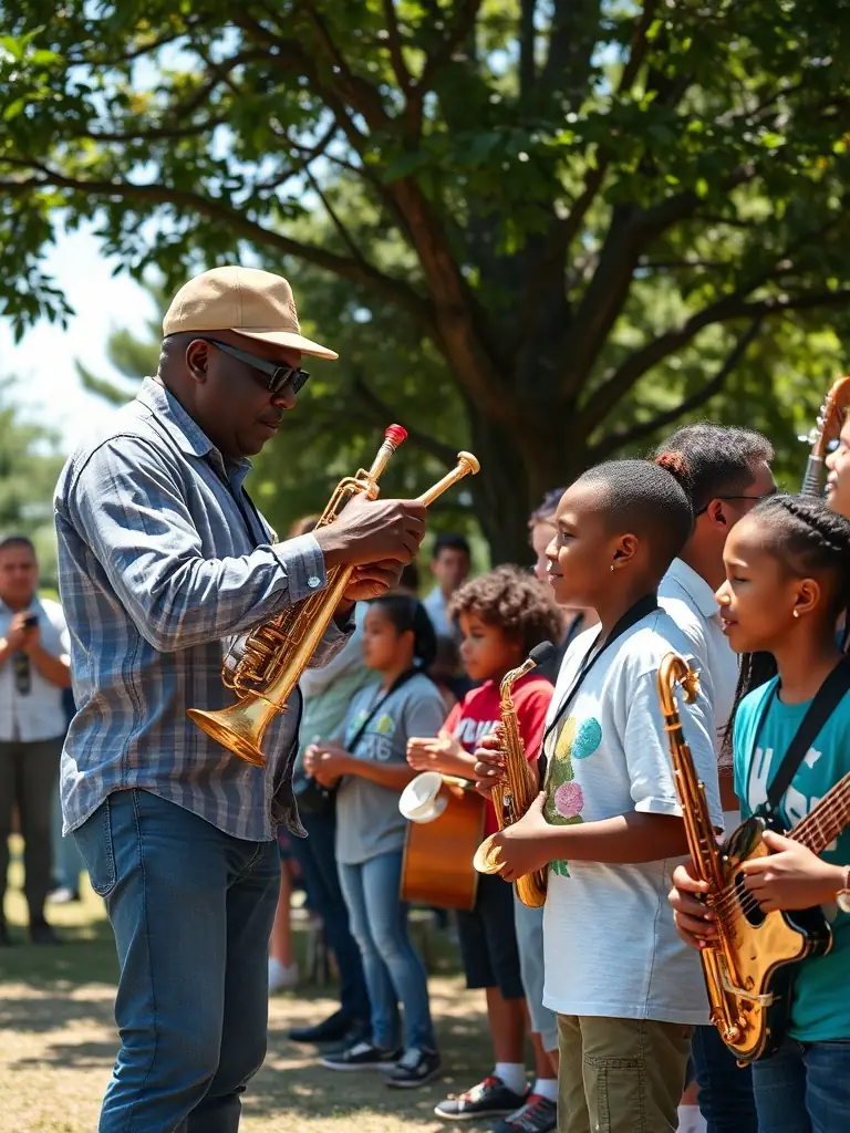 A picture of a community outreach event where SI BEMOL is providing musical instruments and lessons to underprivileged youth.