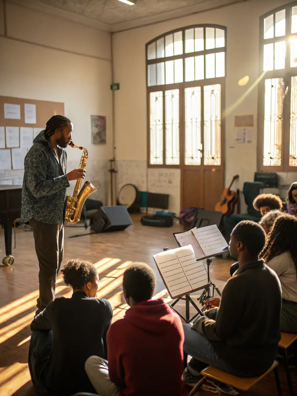 A photo of a music workshop in progress, with participants of various ages engaged in learning from a professional jazz musician.