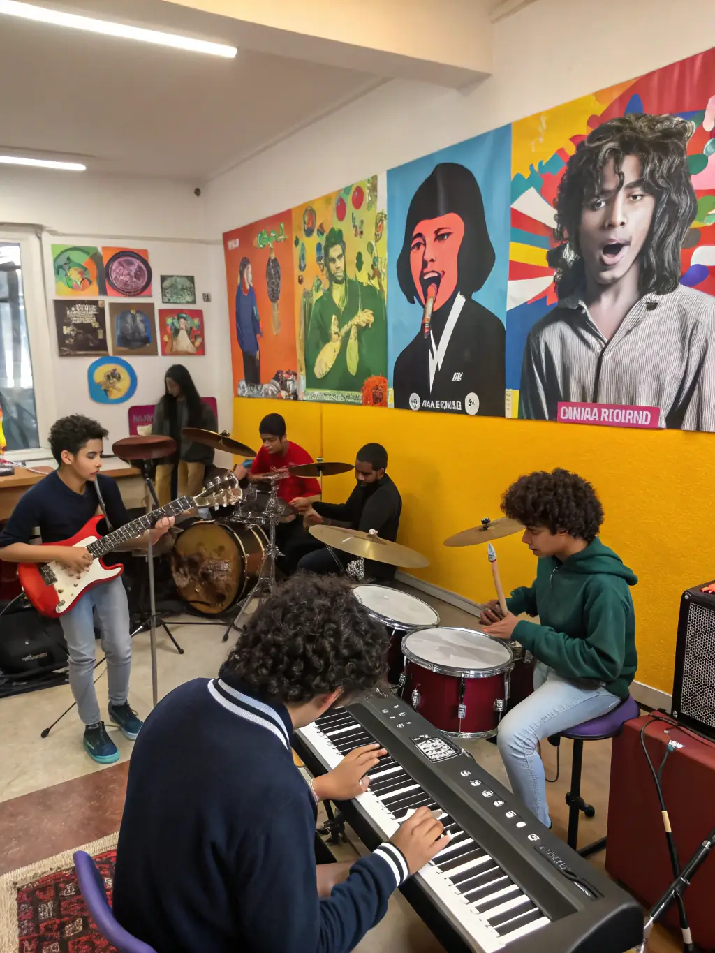 A photo of a group of young students participating in a jazz workshop organized by SI BEMOL, highlighting the educational aspect of the program.