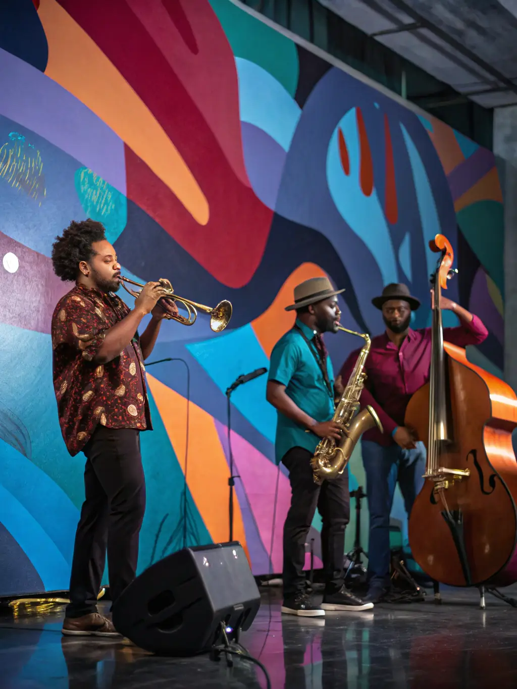 A vibrant photograph capturing a jazz ensemble performing live at one of SI BEMOL's concerts, showcasing the energy and passion of the musicians.