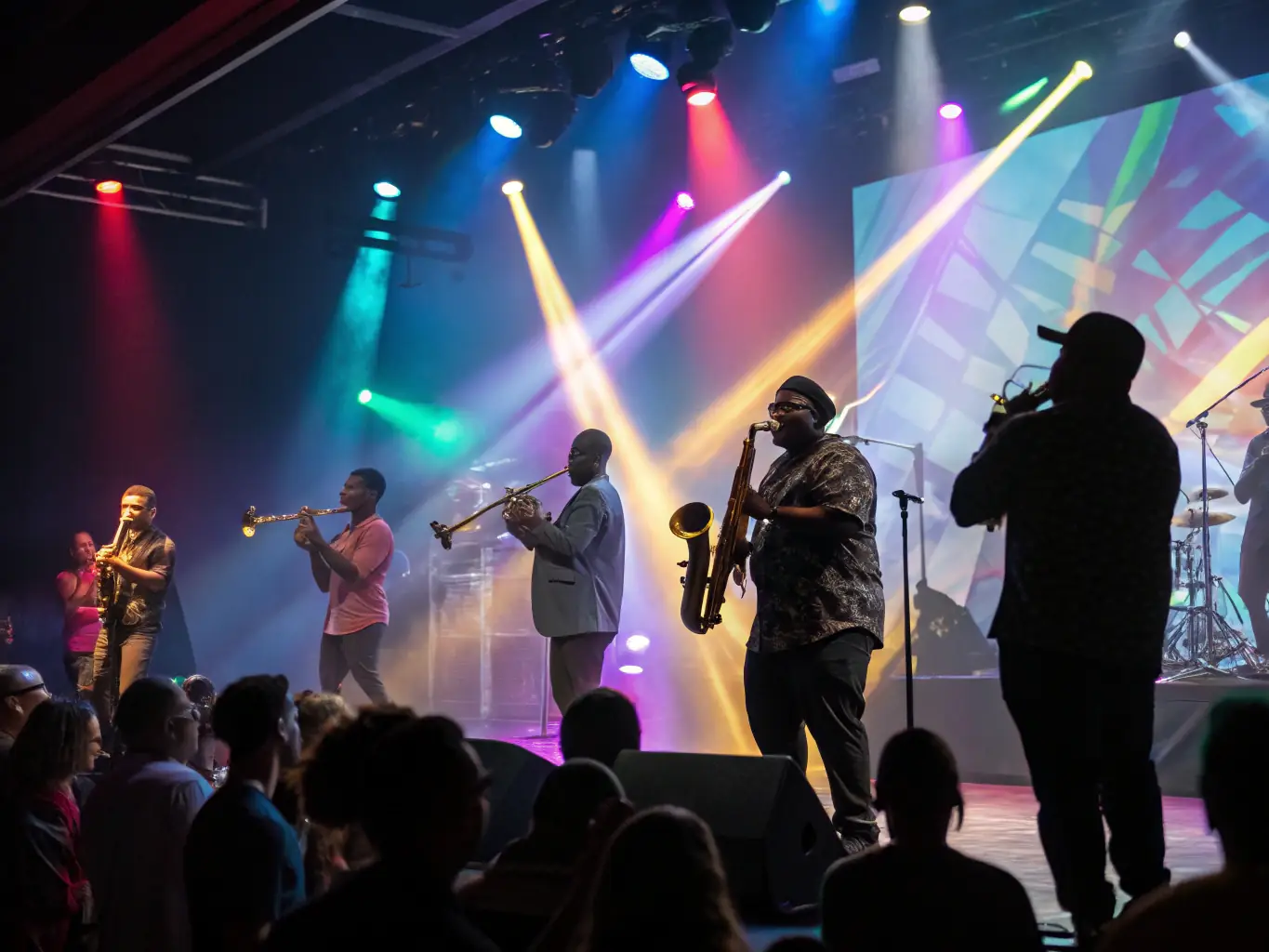 A vibrant scene from one of SI BEMOL JAZZ MUSIQU ACTUEL PAYS D AUGE's jazz concerts, featuring a live band performing on stage with colorful lighting and an enthusiastic audience enjoying the music.