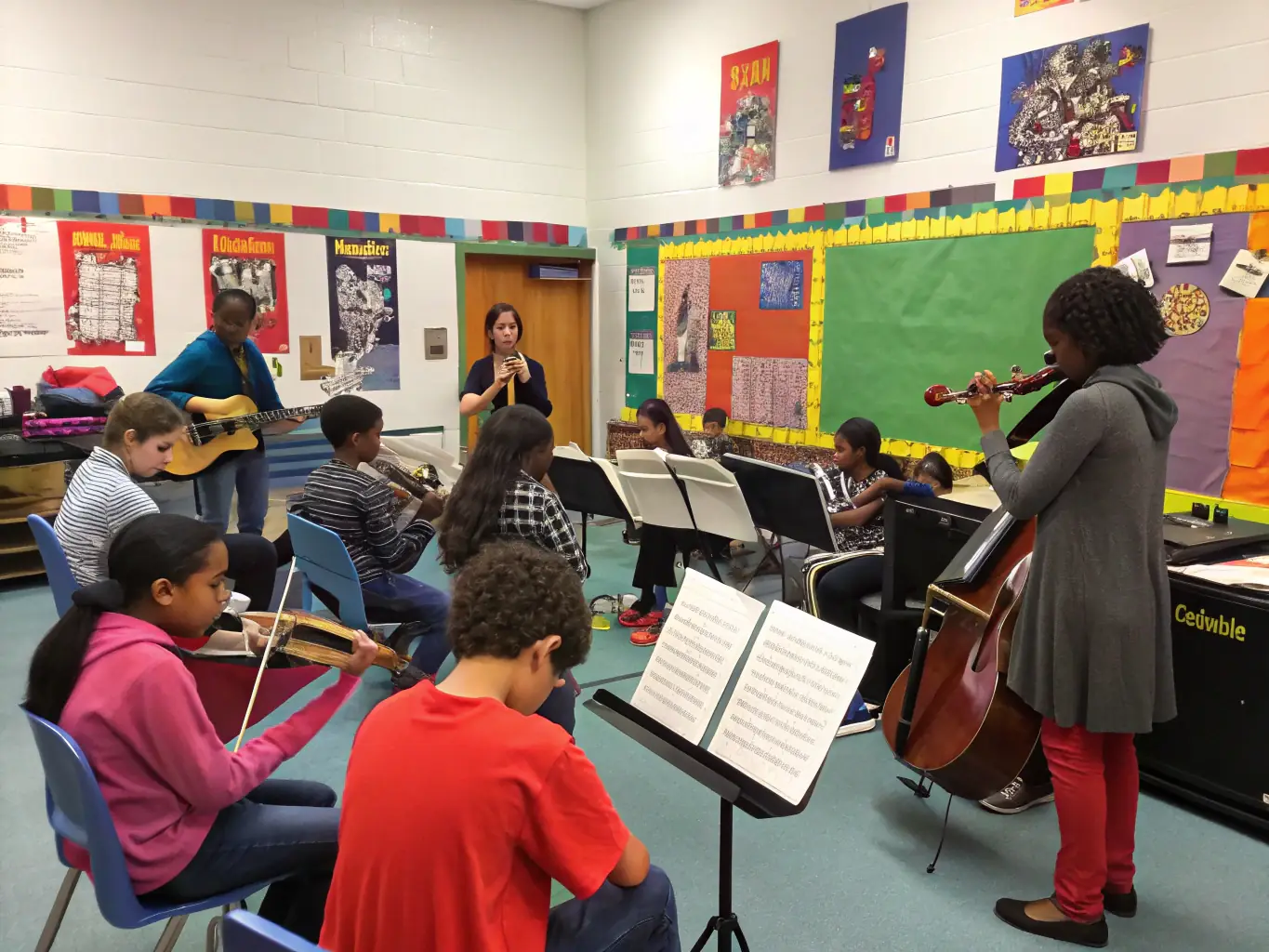A group of young musicians participating in a jazz workshop, focused on learning improvisation techniques with guidance from experienced instructors. The setting is a bright, modern music room filled with instruments and sheet music.