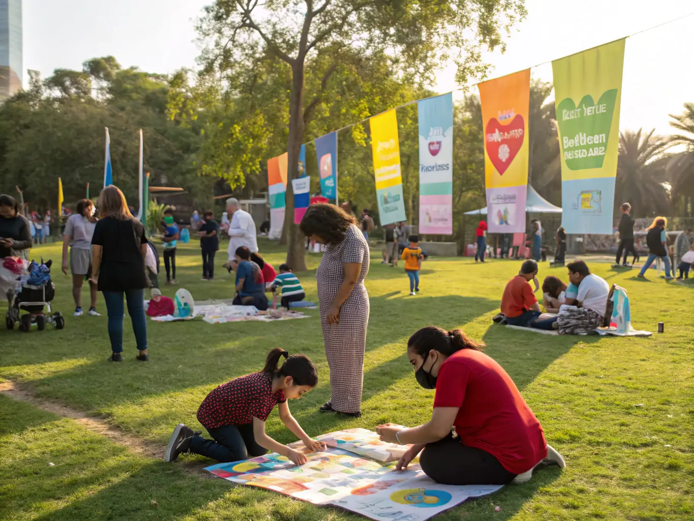 A community outreach event organized by SI BEMOL JAZZ MUSIQU ACTUEL PAYS D AUGE, showing volunteers and participants engaging in a musical activity in a public space, promoting music appreciation and community involvement.